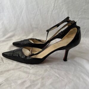 Christian Louboutin Black Leather T-Strap Duefibi Kid Point Toe Heels Size 40